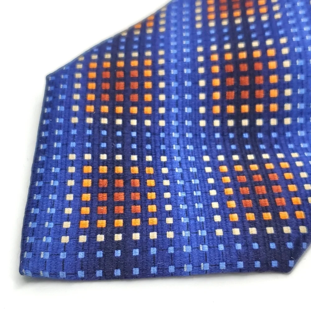 VAN HEUSEN Geometric Tiny Cubes Blue Brown Silk Tie EUC